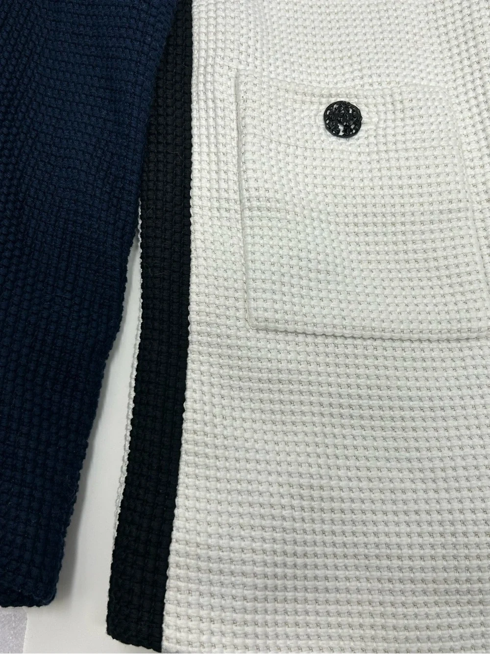 CHANEL Two-Tone Waffle Knit Button Jacket - White Navy Black
